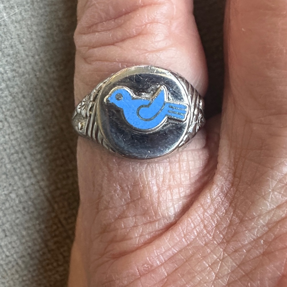 Sterling Silver Blue Enamel Bird Signet Ring Vintage 7g  reminiscent of CampFire - Picture 11 of 13